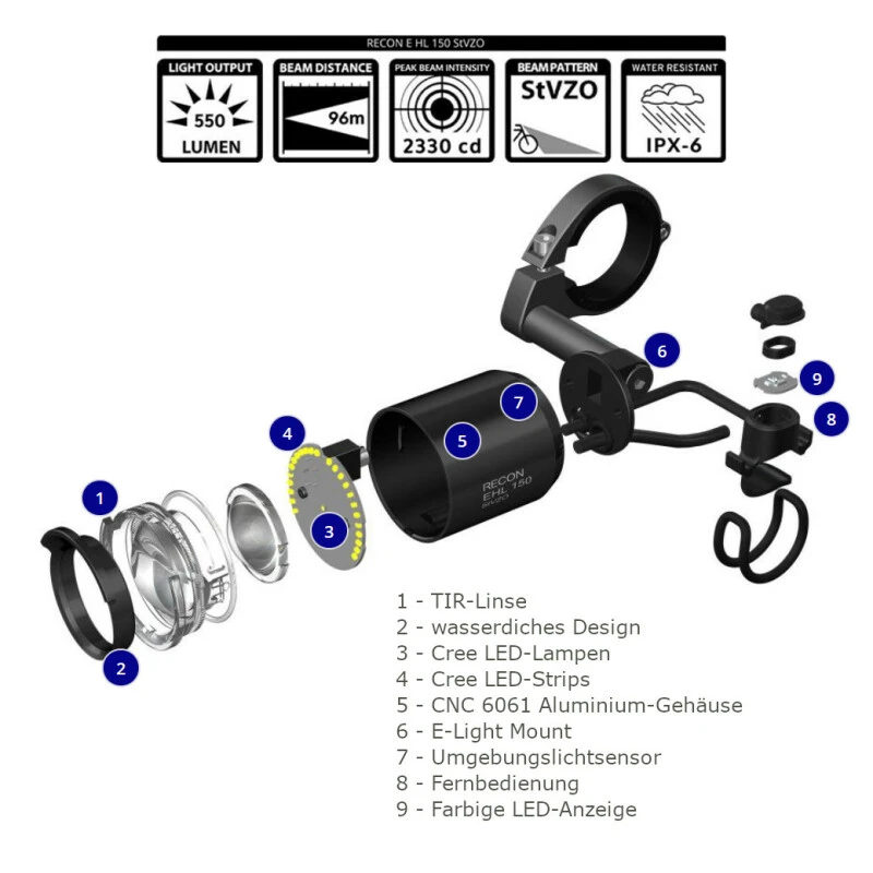 Giant Beleuchtung / Recon-E HL150 - Mit Fernlicht StVZO - Zulassung / 250lm - 800lm / Side Mount Halter Und Giant Kabel Im Lieferumfang Enthalten 7 Giant Beleuchtung / Recon-E HL150 - Mit Fernlicht StVZO - Zulassung / 250lm - 800lm / Side Mount Halter Und Giant Kabel Im Lieferumfang Enthalten – Bild 5